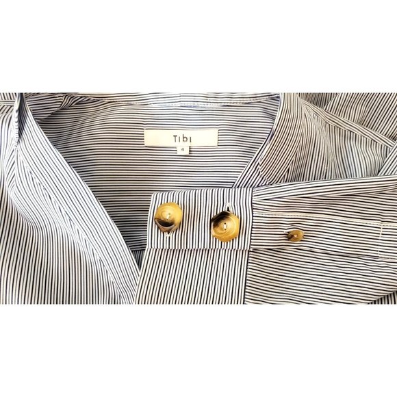 Tibi  Blue Jones Asymmetric Striped Shirt Tortoiseshell Buttons Sz 4 - Picture 9 of 11